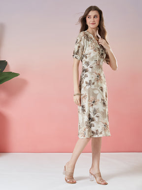 Latin Quarters Women's Beige Printed Half Sleeve V-Neck Casual A-Line Dress