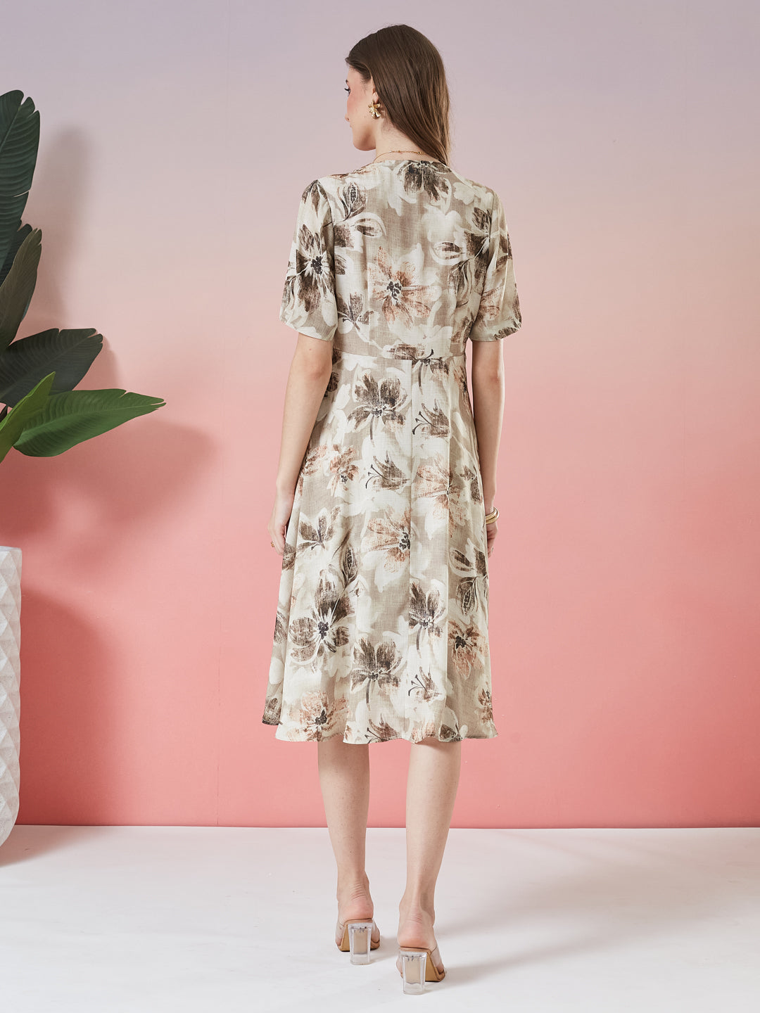 Latin Quarters Women's Beige Printed Half Sleeve V-Neck Casual A-Line Dress