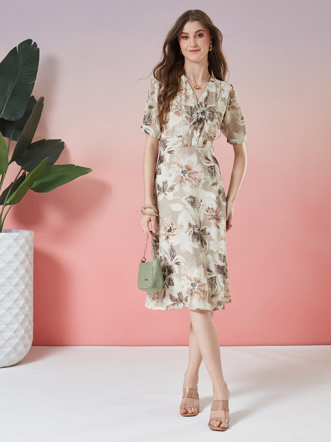 Latin Quarters Women's Beige Printed Half Sleeve V-Neck Casual A-Line Dress