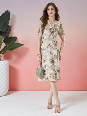 Latin Quarters Women's Beige Printed Half Sleeve V-Neck Casual A-Line Dress