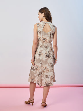 Latin Quarters Women's Beige Printed Sleeveless Mandarin Neck Casual A-Line Dress