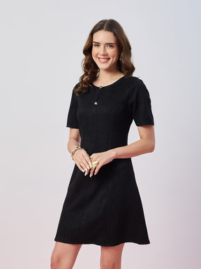 Latin Quarters Women's Black Stripe Half Sleeves Round Neck Casual A-Line Dress