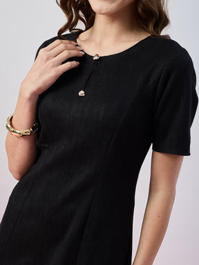 Latin Quarters Women's Black Stripe Half Sleeves Round Neck Casual A-Line Dress