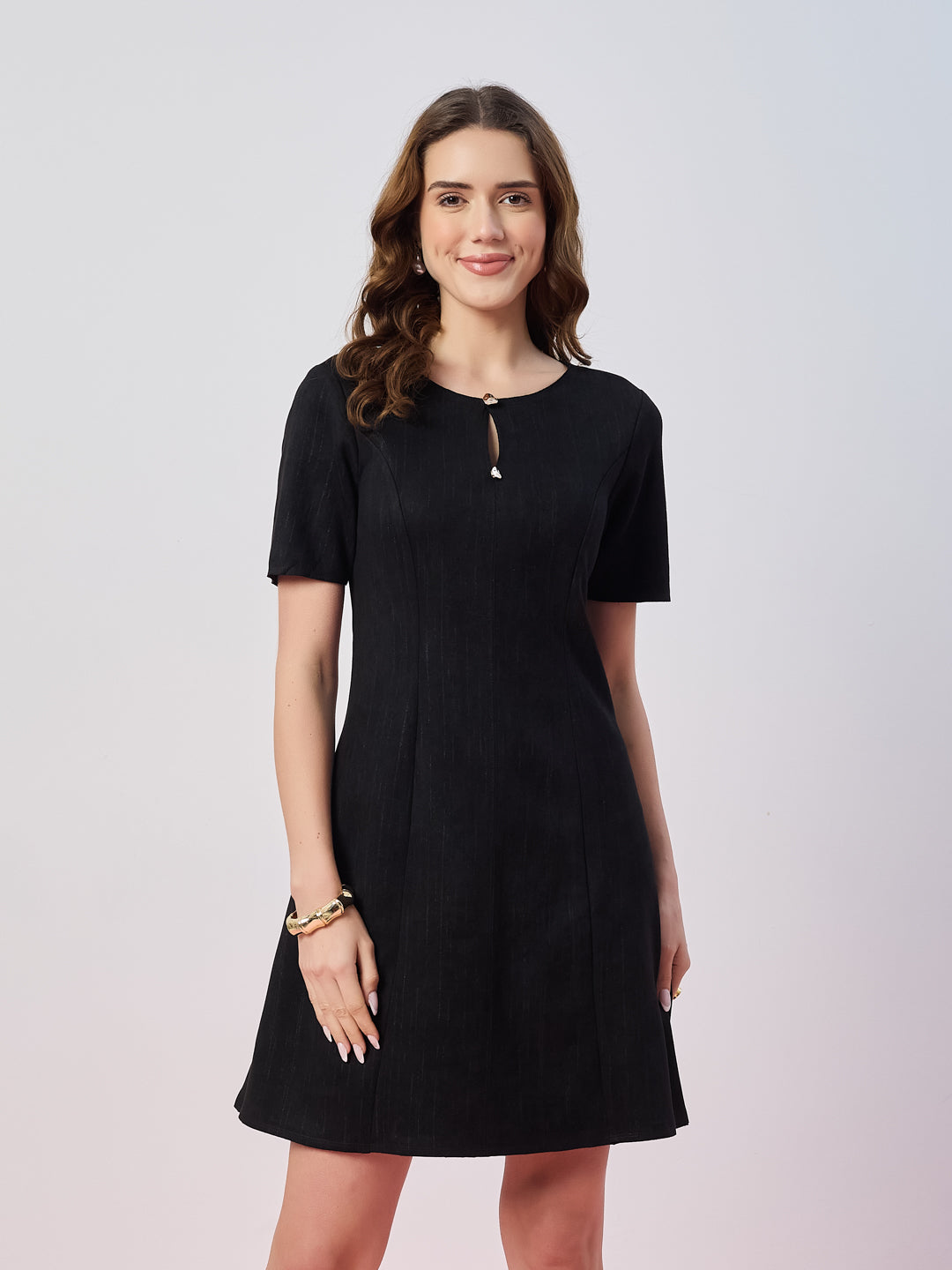 Latin Quarters Women's Black Stripe Half Sleeves Round Neck Casual A-Line Dress