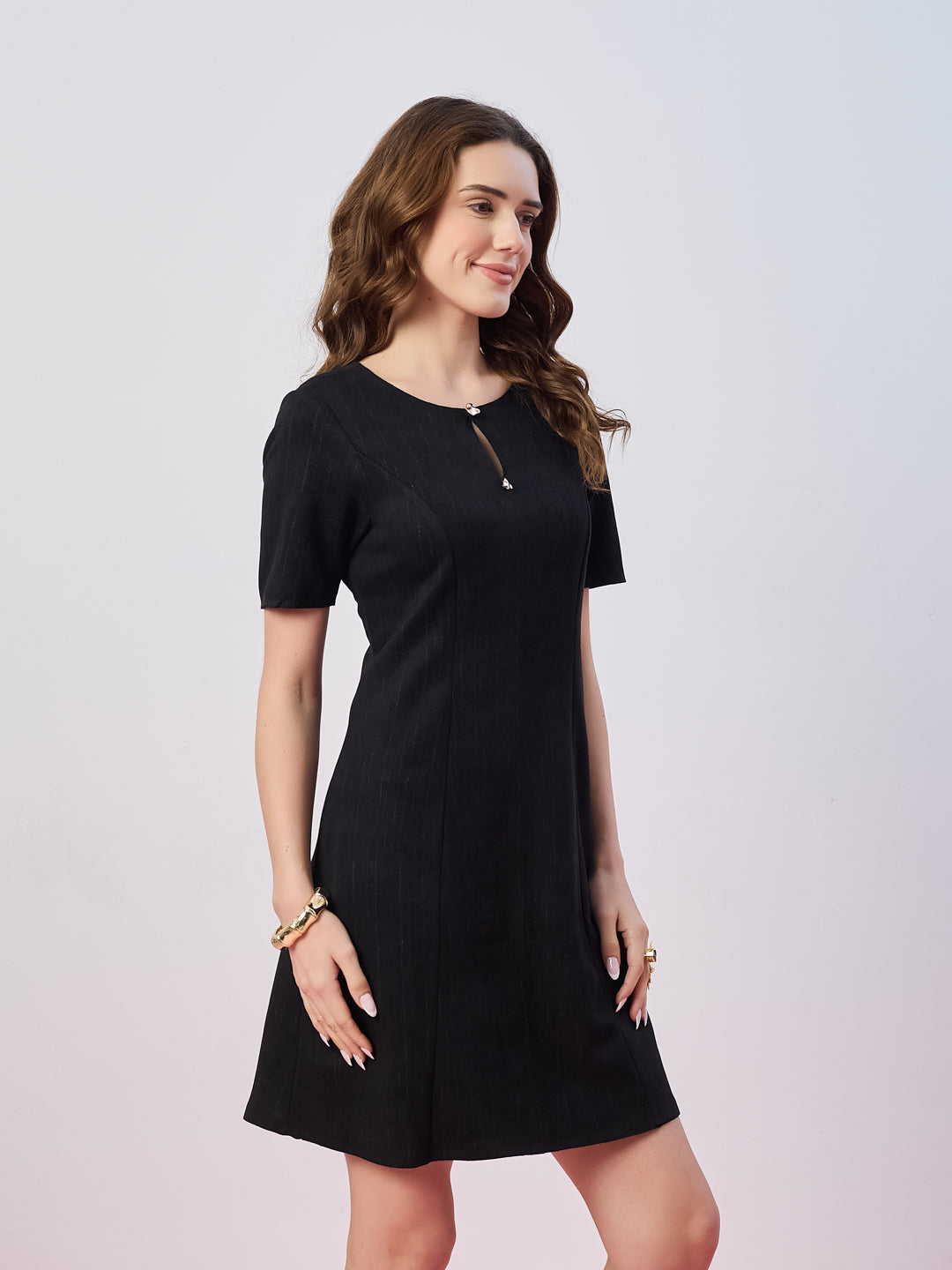 Latin Quarters Women's Black Stripe Half Sleeves Round Neck Casual A-Line Dress