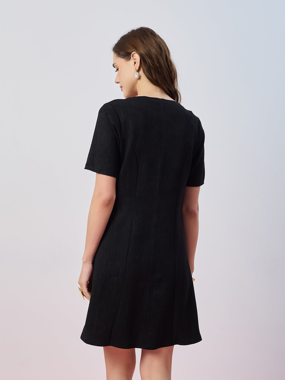 Latin Quarters Women's Black Stripe Half Sleeves Round Neck Casual A-Line Dress