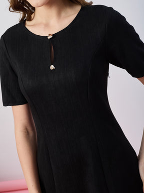 Latin Quarters Women's Black Stripe Half Sleeves Round Neck Casual A-Line Dress