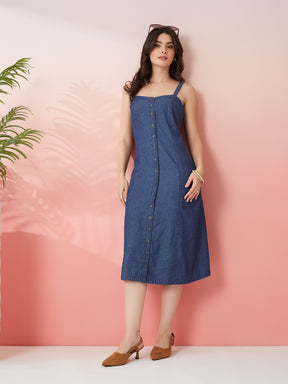 Latin Quarters Women's Blue Solid Square Neck Strappy Casual A-Line Dress