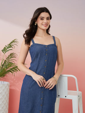Latin Quarters Women's Blue Solid Square Neck Strappy Casual A-Line Dress