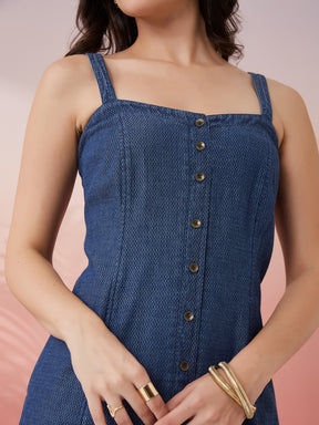 Latin Quarters Women's Blue Solid Square Neck Strappy Casual A-Line Dress
