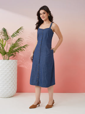 Latin Quarters Women's Blue Solid Square Neck Strappy Casual A-Line Dress