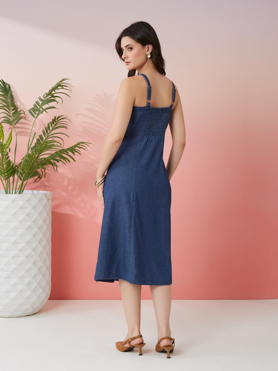 Latin Quarters Women's Blue Solid Square Neck Strappy Casual A-Line Dress