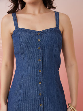 Latin Quarters Women's Blue Solid Square Neck Strappy Casual A-Line Dress