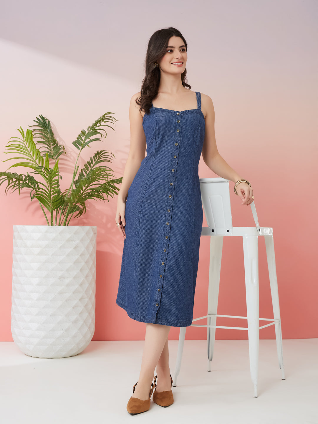 Latin Quarters Women's Blue Solid Square Neck Strappy Casual A-Line Dress