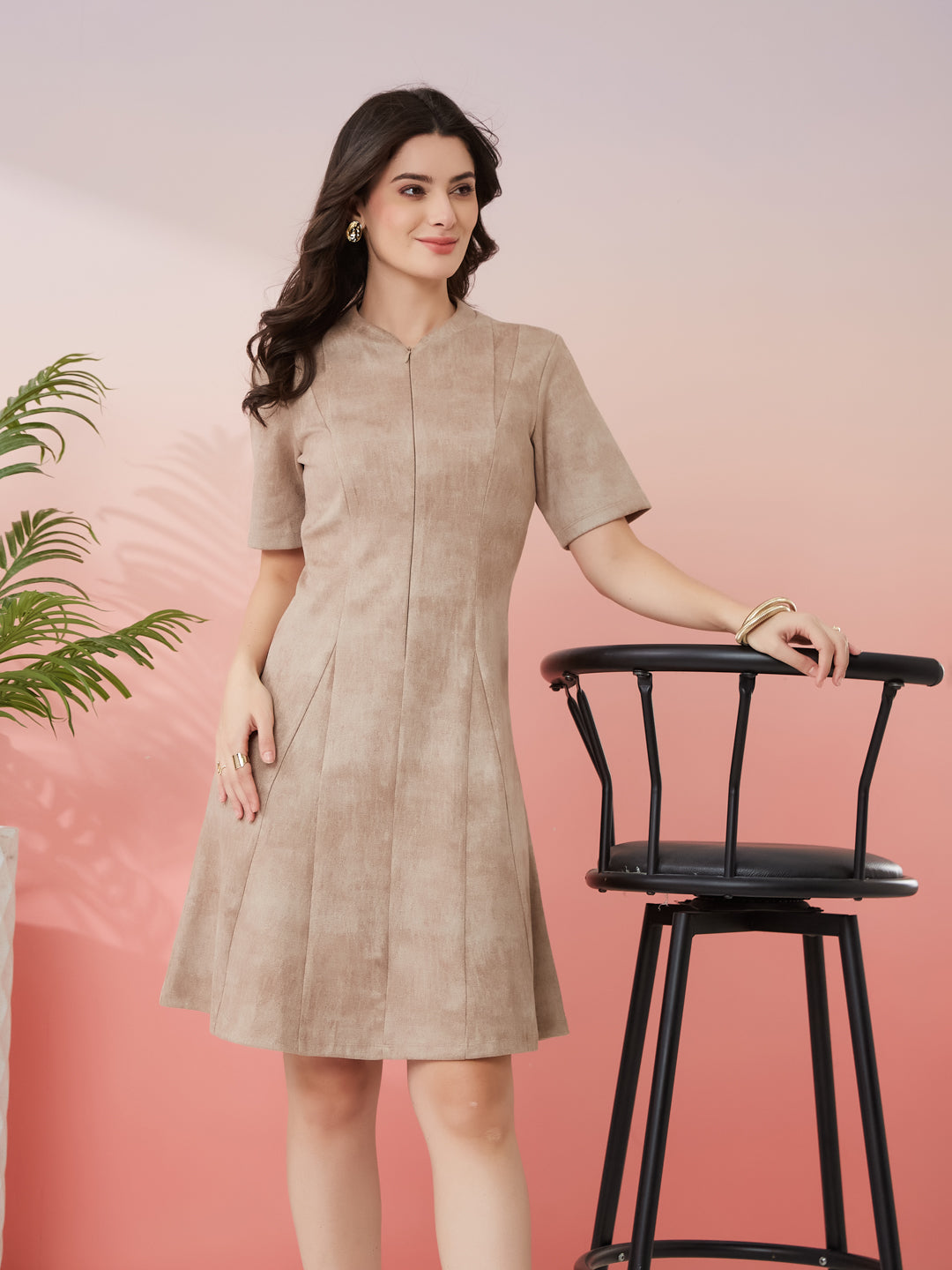 Latin Quarters Women's Beige Solid Round Neck Half Sleeves Casual A-Line Dress