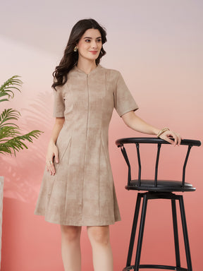 Latin Quarters Women's Beige Solid Round Neck Half Sleeves Casual A-Line Dress