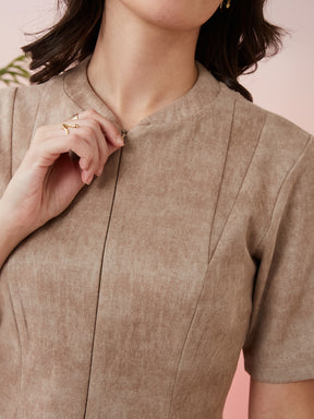 Latin Quarters Women's Beige Solid Round Neck Half Sleeves Casual A-Line Dress