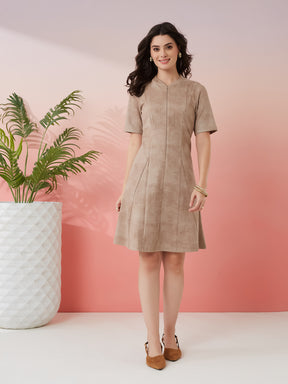 Latin Quarters Women's Beige Solid Round Neck Half Sleeves Casual A-Line Dress