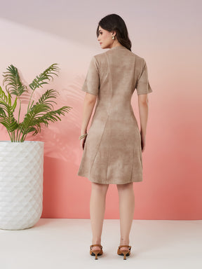 Latin Quarters Women's Beige Solid Round Neck Half Sleeves Casual A-Line Dress