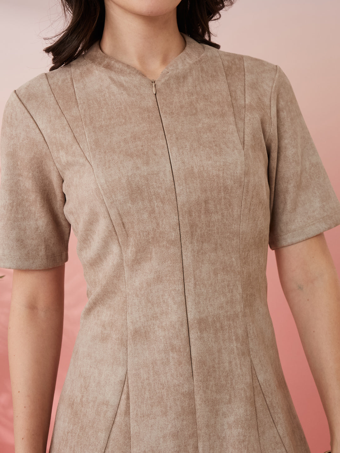 Latin Quarters Women's Beige Solid Round Neck Half Sleeves Casual A-Line Dress