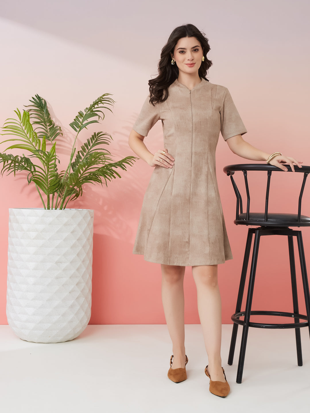 Latin Quarters Women's Beige Solid Round Neck Half Sleeves Casual A-Line Dress