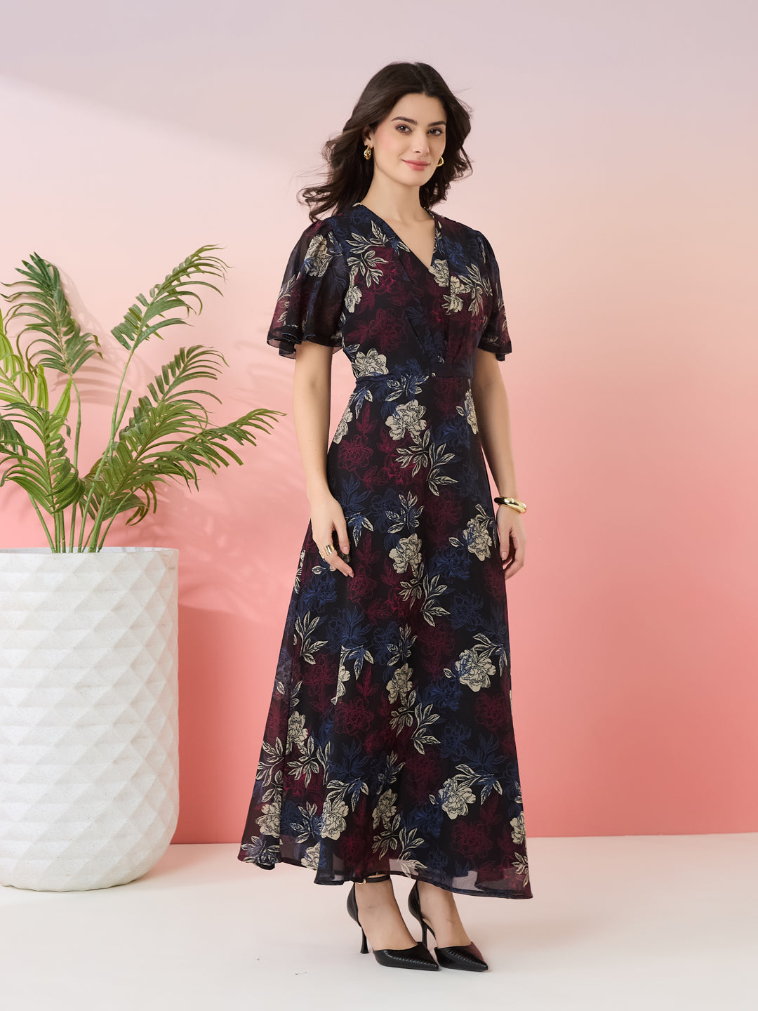Latin Quarters Women's Black Printed V-Neck Half Sleeves Casual Fit & Flare Dress
