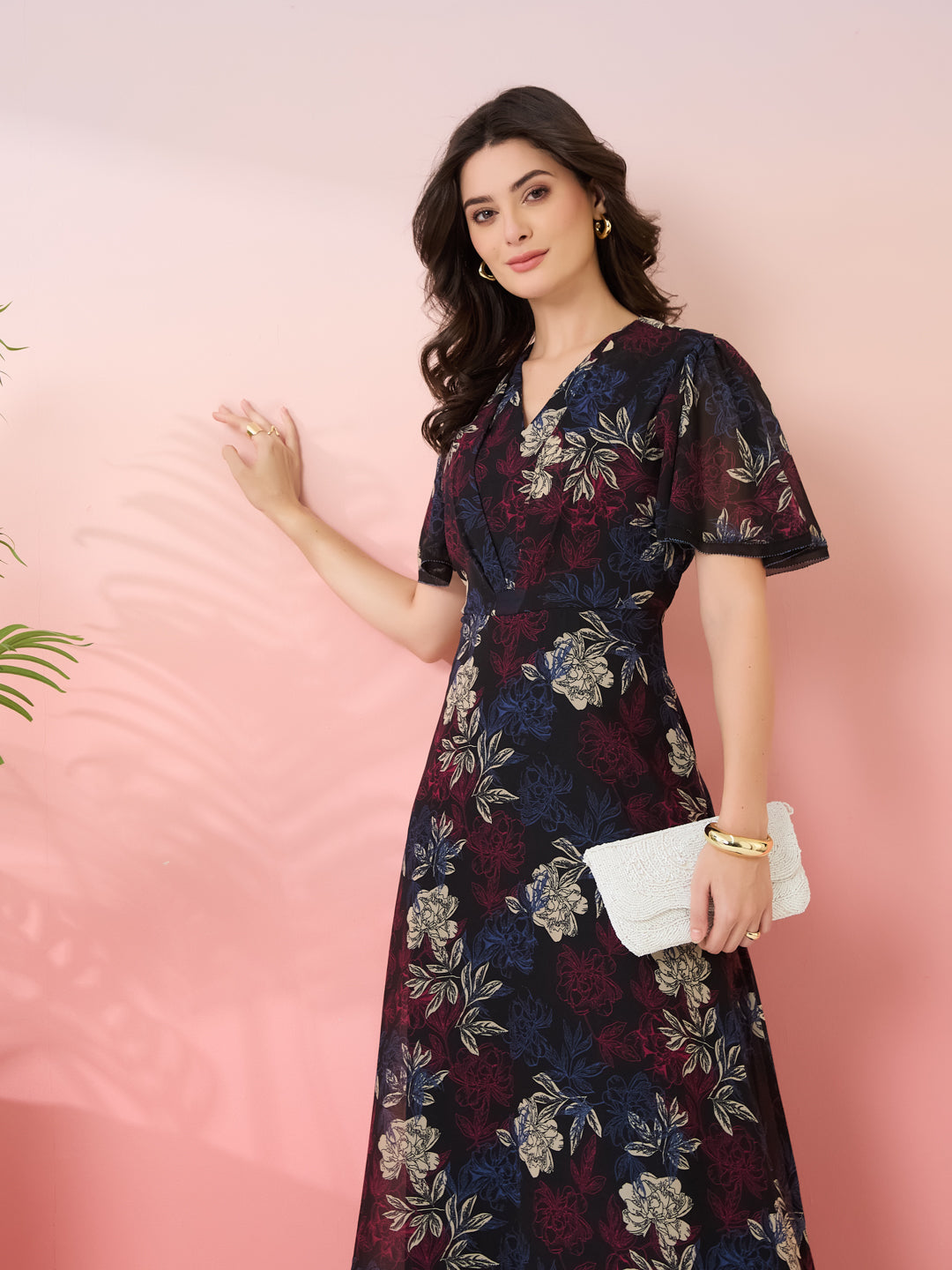 Latin Quarters Women's Black Printed V-Neck Half Sleeves Casual Fit & Flare Dress