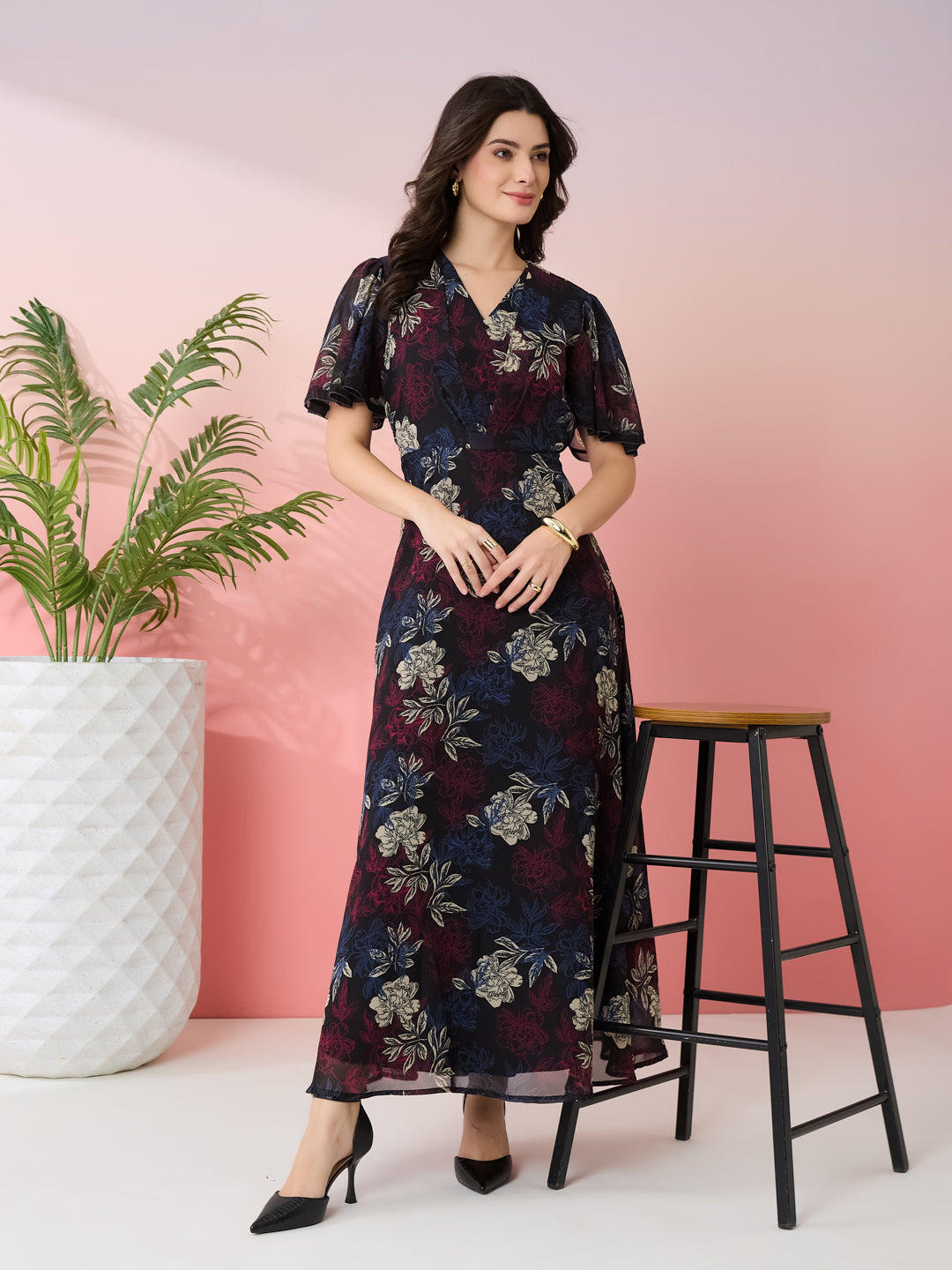 Latin Quarters Women's Black Printed V-Neck Half Sleeves Casual Fit & Flare Dress