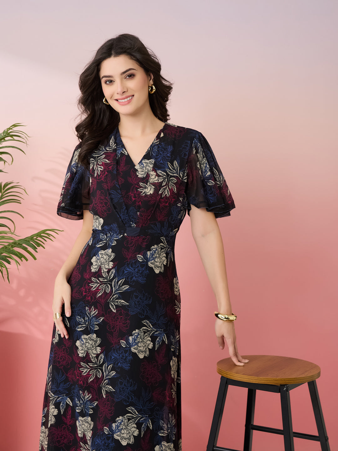 Latin Quarters Women's Black Printed V-Neck Half Sleeves Casual Fit & Flare Dress