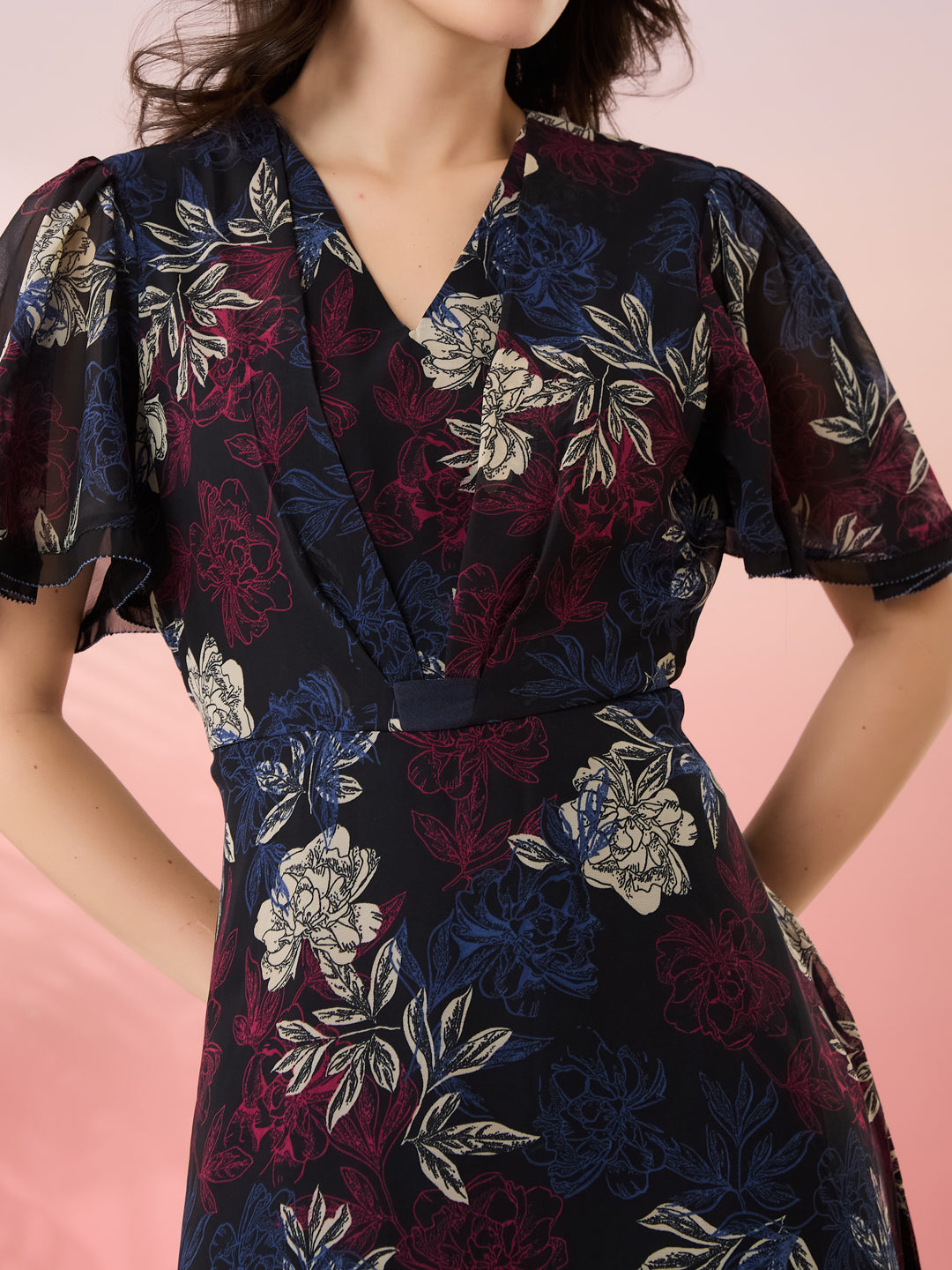 Latin Quarters Women's Black Printed V-Neck Half Sleeves Casual Fit & Flare Dress