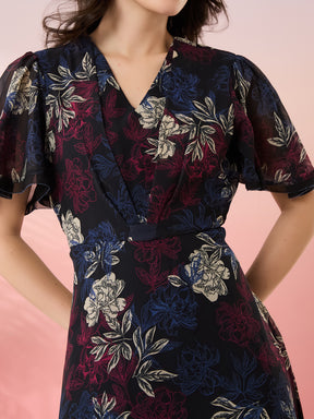 Latin Quarters Women's Black Printed V-Neck Half Sleeves Casual Fit & Flare Dress