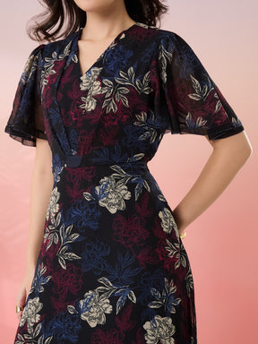 Latin Quarters Women's Black Printed V-Neck Half Sleeves Casual Fit & Flare Dress