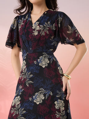 Latin Quarters Women's Black Printed V-Neck Half Sleeves Casual Fit & Flare Dress