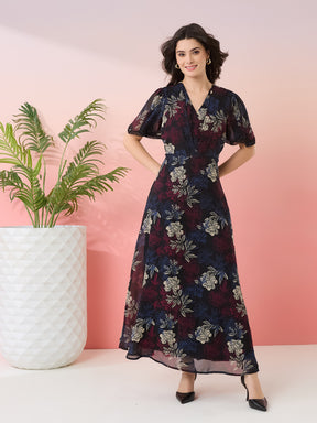 Latin Quarters Women's Black Printed V-Neck Half Sleeves Casual Fit & Flare Dress