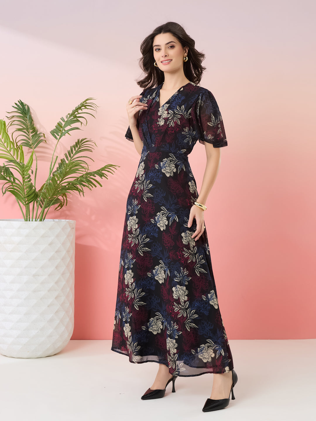 Latin Quarters Women's Black Printed V-Neck Half Sleeves Casual Fit & Flare Dress