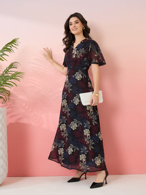 Latin Quarters Women's Black Printed V-Neck Half Sleeves Casual Fit & Flare Dress