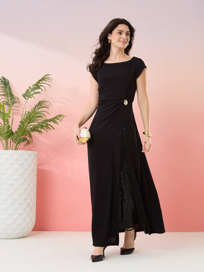 Latin Quarters Women's Black Shimmer Boat Neck Cap Sleeves Party Wrap Dress
