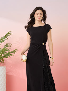Latin Quarters Women's Black Shimmer Boat Neck Cap Sleeves Party Wrap Dress