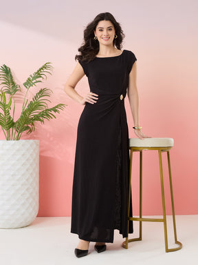 Latin Quarters Women's Black Shimmer Boat Neck Cap Sleeves Party Wrap Dress