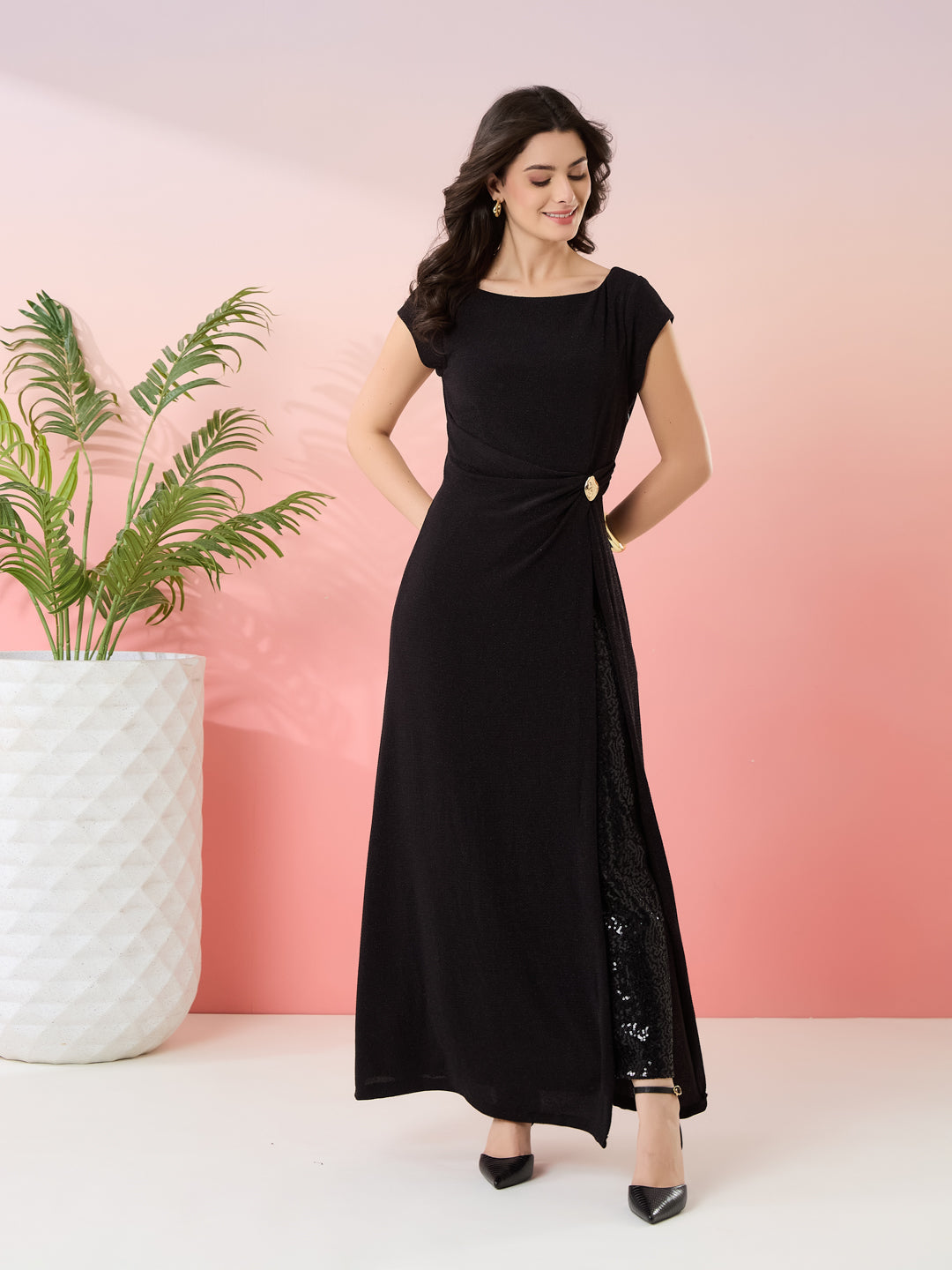 Latin Quarters Women's Black Shimmer Boat Neck Cap Sleeves Party Wrap Dress