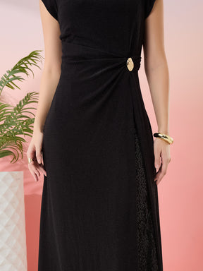 Latin Quarters Women's Black Shimmer Boat Neck Cap Sleeves Party Wrap Dress