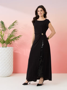 Latin Quarters Women's Black Shimmer Boat Neck Cap Sleeves Party Wrap Dress