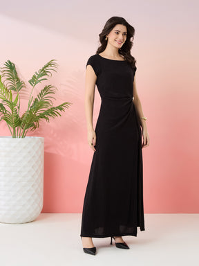 Latin Quarters Women's Black Shimmer Boat Neck Cap Sleeves Party Wrap Dress
