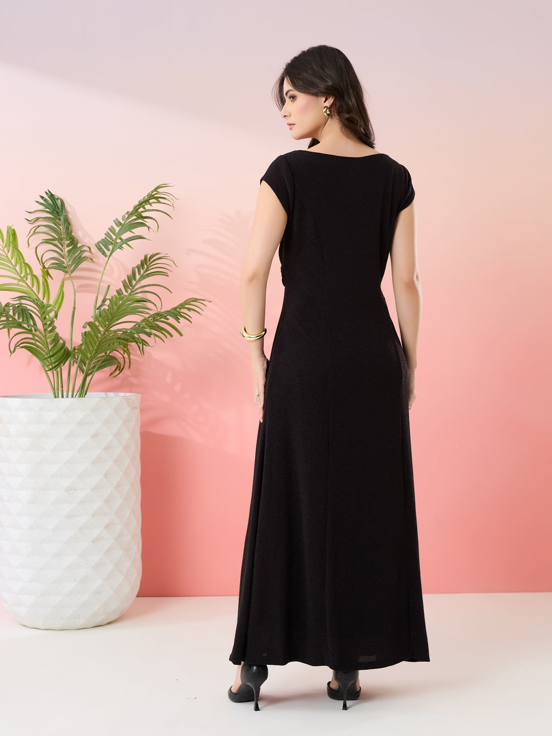 Latin Quarters Women's Black Shimmer Boat Neck Cap Sleeves Party Wrap Dress