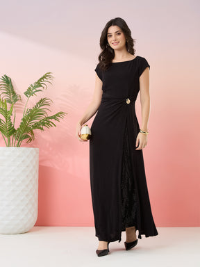 Latin Quarters Women's Black Shimmer Boat Neck Cap Sleeves Party Wrap Dress