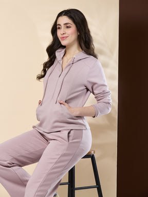 Latin Quarters Women's Solid Pink Full Sleeve Hooded Neck Casual High Rise Co-Ord Set