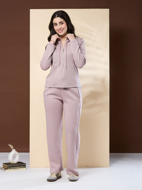 Latin Quarters Women's Solid Pink Full Sleeve Hooded Neck Casual High Rise Co-Ord Set