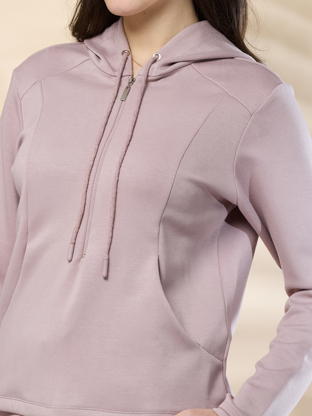 Latin Quarters Women's Solid Pink Full Sleeve Hooded Neck Casual High Rise Co-Ord Set