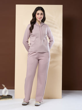 Latin Quarters Women's Solid Pink Full Sleeve Hooded Neck Casual High Rise Co-Ord Set