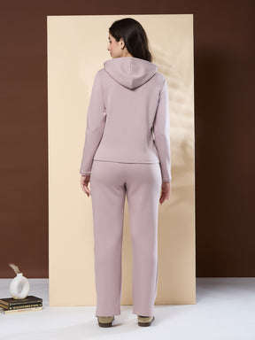 Latin Quarters Women's Solid Pink Full Sleeve Hooded Neck Casual High Rise Co-Ord Set